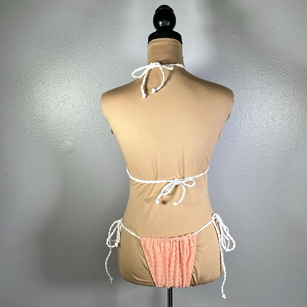 Peach terry cloth Y2K textured ring linked tie string beach vacation bikini sz S